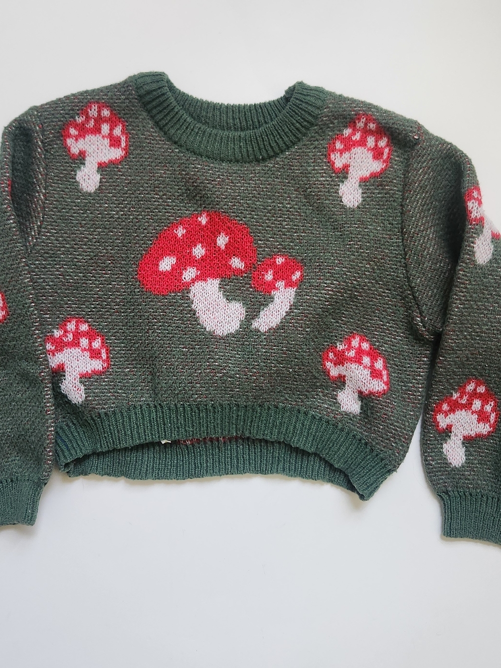 Green Knit Crop Sweater 🍄 Red Mushroom Print Boho Style